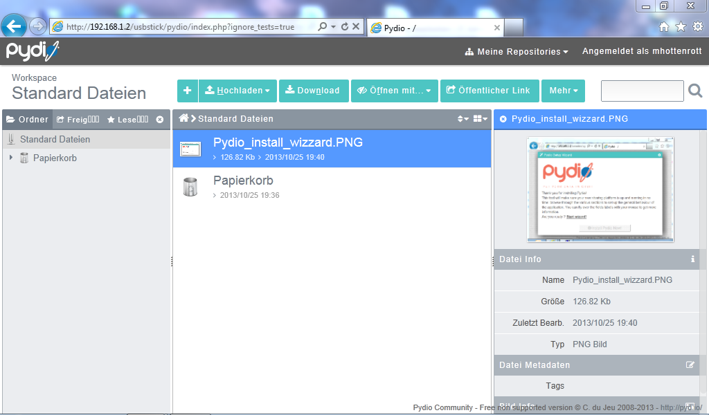 Programmoberfläche der Pydio Filesharing Plattform